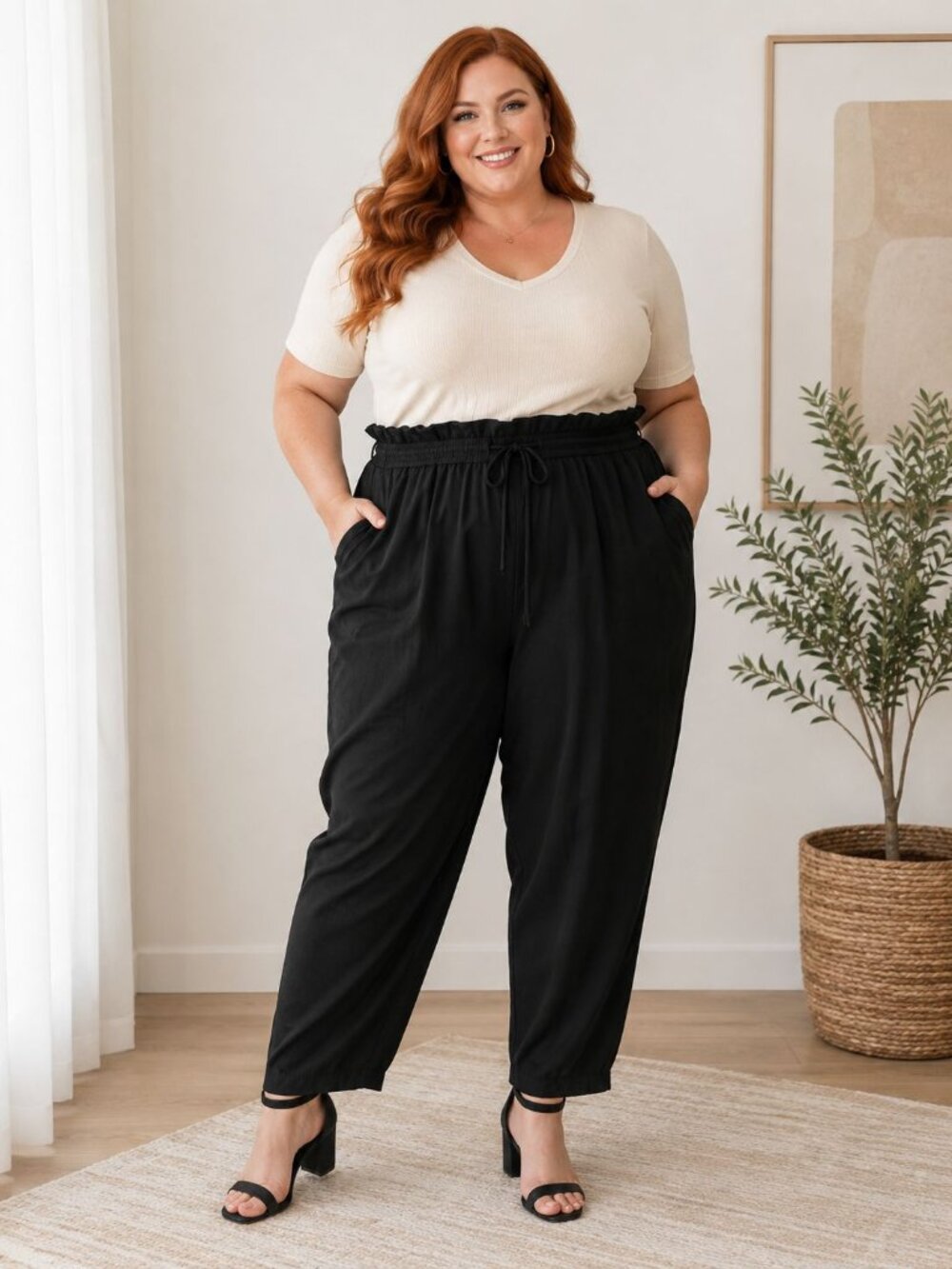 Ava & Viv Size 2X Black Paperbag Waist Ankle Length Pants High Rise Minimalist